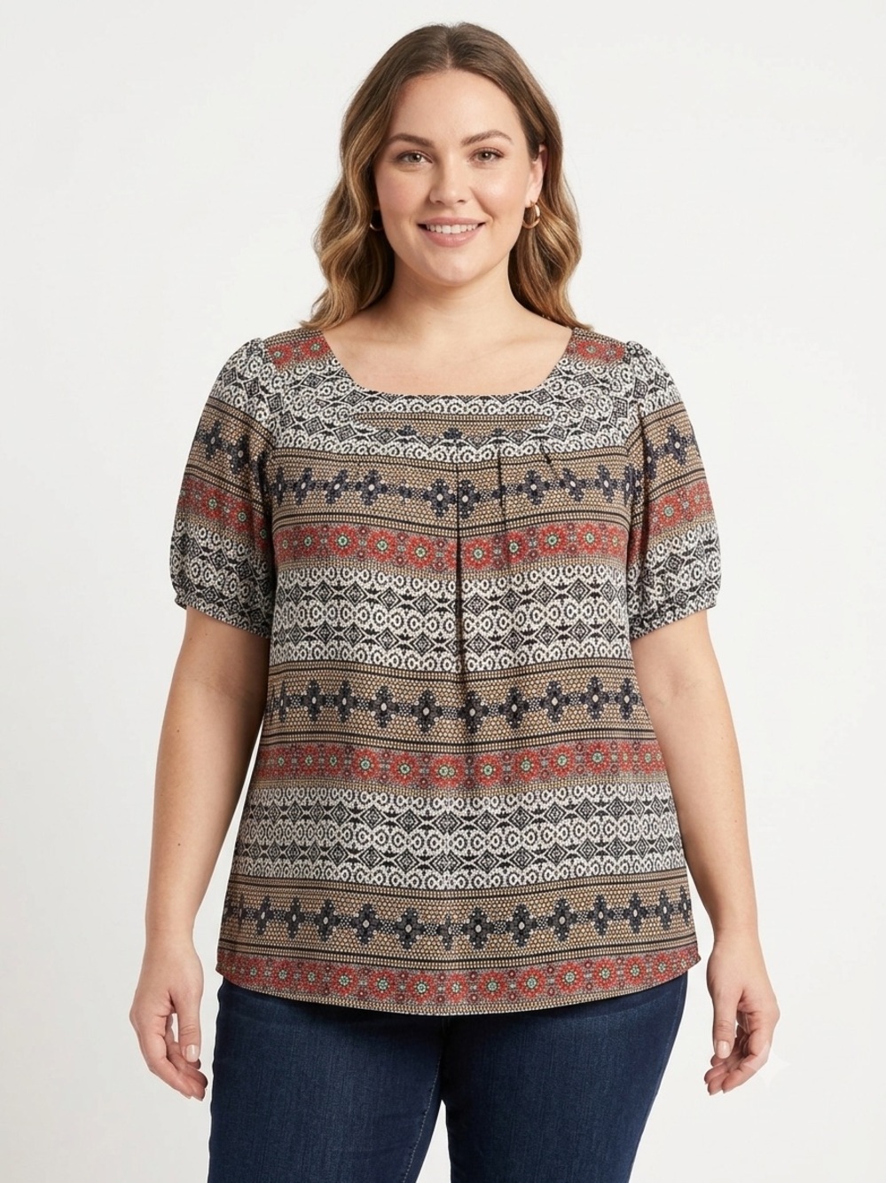 Roz & Ali Multi- Color Print Short Sleeve Blouse Boho Size 2X